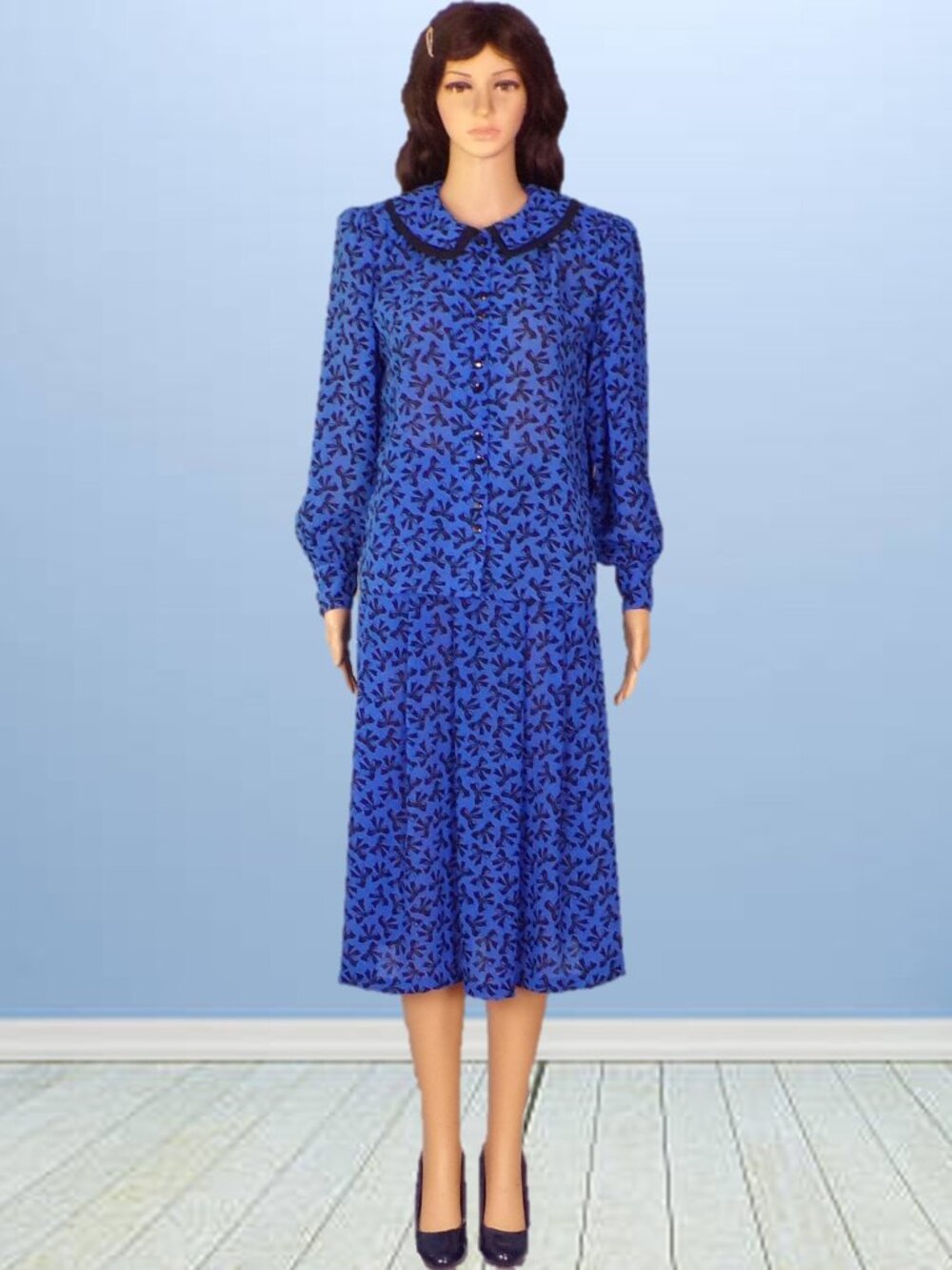 JOSEPHINE size 8 royal-blue/black 2-piece set blouse/skirt 100% polyester